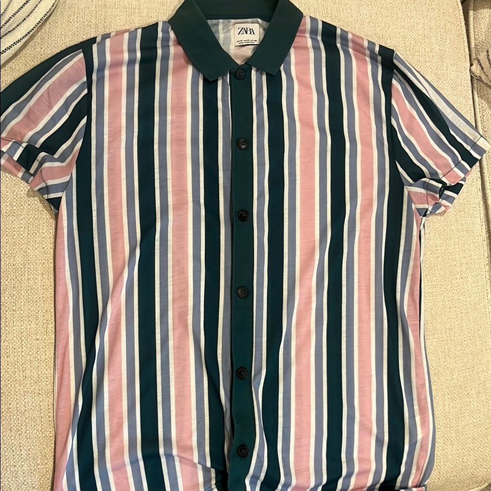 Zara Pink and Blue Casual Button Down Shirt
